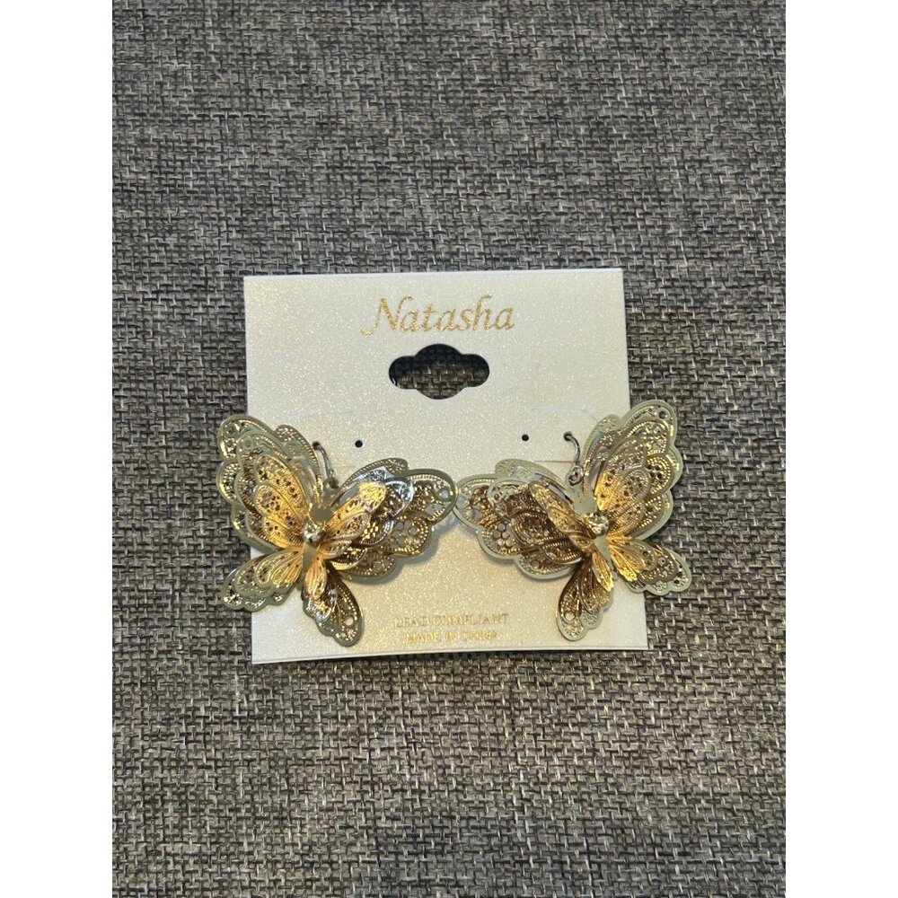 Natasha New Rhinestone Butterfly Gold Tone Pierced Earrings Natasha